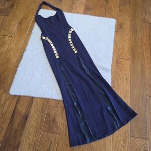 CD Greene Evening Gown Women's 6 Halter Blue Gold Metal Details Rayon Slits RARE